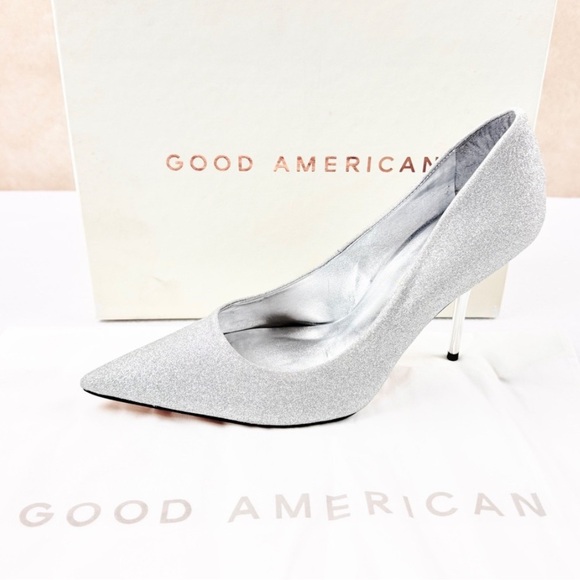 Good American Shoes - Good American Shimmering Silver Heels
